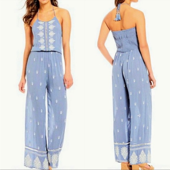 Chelsea & Violet Pants - NWT Chelsea & Violet Blue Gauze Boho Jumpsuit w/ White Embroidery Smocked sz S